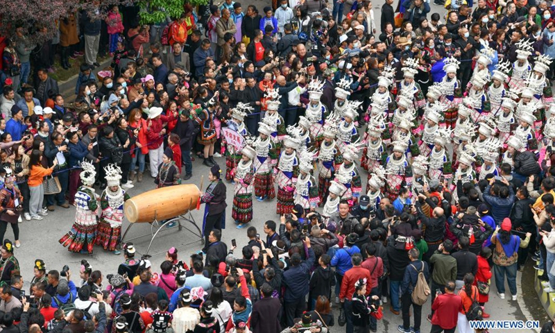 People of Miao ethnic group attend a parade to celebrate the Miao Sisters Festival in Taijiang County, Qiandongnan Miao and Dong Autonomous Prefecture, southwest China's Guizhou Province, April 25, 2021. Recognized as a national intangible cultural heritage, the Miao Sisters Festival is celebrated annually around the 15th day of the third lunar month according to the lunar calendar in China.(Photo: Xinhua)