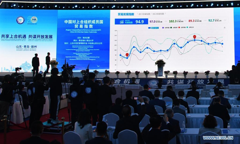 China-Shanghai Cooperation Organization (SCO) Member States Trade Index is released during the opening ceremony of the 2021 SCO International Investment and Trade Expo & SCO Qingdao Forum on Local Economic and Trade Cooperation in Qingdao, east China's Shandong Province, April 26, 2021. The 2021 SCO International Investment and Trade Expo & SCO Qingdao Forum on Local Economic and Trade Cooperation opened here on Monday.(Photo:Xinhua)