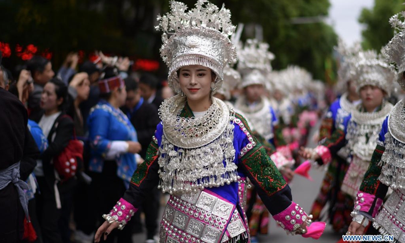 People of Miao ethnic group attend a parade to celebrate the Miao Sisters Festival in Taijiang County, Qiandongnan Miao and Dong Autonomous Prefecture, southwest China's Guizhou Province, April 25, 2021. Recognized as a national intangible cultural heritage, the Miao Sisters Festival is celebrated annually around the 15th day of the third lunar month according to the lunar calendar in China.(Photo: Xinhua)