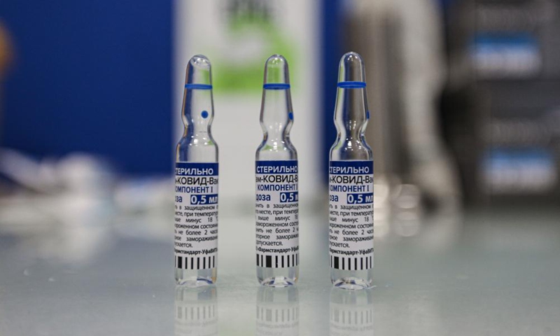 Photo taken on April 28, 2021 shows the COVID-19 vaccines Sputnik V in Moscow, Russia. Russia confirmed 7,848 new coronavirus infections over the past 24 hours, below 8,000 for the first time since the end of September, taking the nationwide tally to 4,787,273, the country's official monitoring and response center said Wednesday.Photo:Xinhua