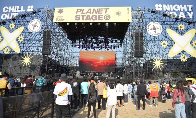 A band performs at the Strawberry Music Festival in Beijing, capital of China, May 2, 2021. The 2021 Strawberry Music Festival is held at Beijing Expo Park from May 2 to May 4. (Xinhua/Xiao Xiao)