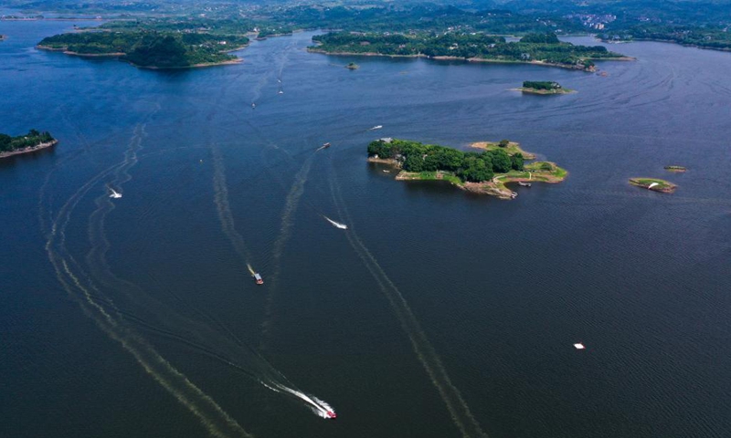 Aerial photo taken on May 2, 2021 shows a view of the Changshou Lake scenic area in southwest China's Chongqing. (Xinhua/Liu Chan) 