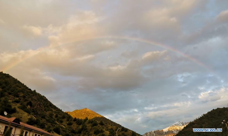 A rainbow is pictured from Zaamin National Park in the Jizzakh region of Uzbekistan, May 1, 2021. Photo: Xinhua