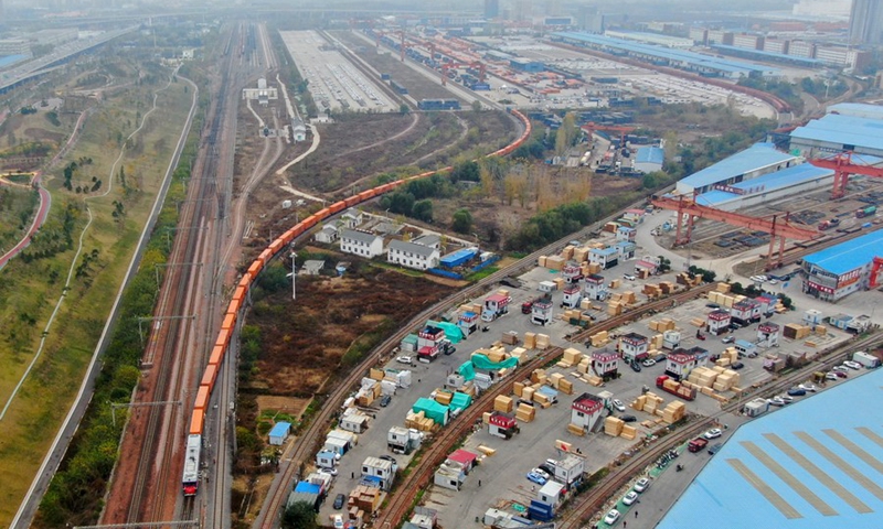 Aerial photo shows a China-Europe freight train. Photo: Xinhua