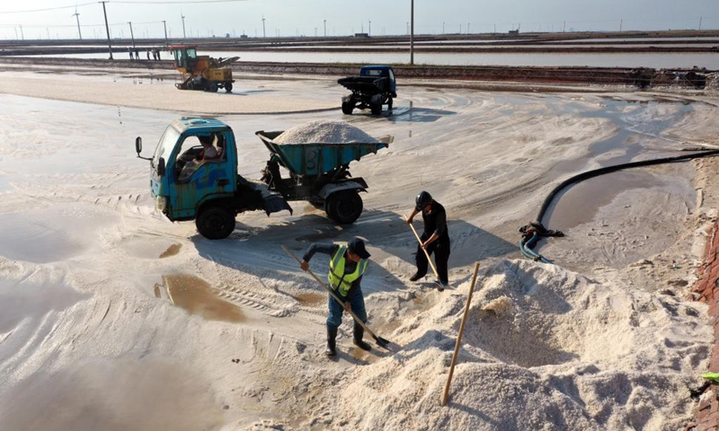 Workers harvest salt in a salt field at Binhai Township, Zhanhua District, Binzhou City of east China's Shandong Province, on May 18, 2021. Workers have started harvesting spring salt from the 600,000-mu (40,000 hectares) of salt fields at Binhai Township. The total output is expected to hit 500,000 tons when the harvest work concludes by the end of June. Photo:Xinhua