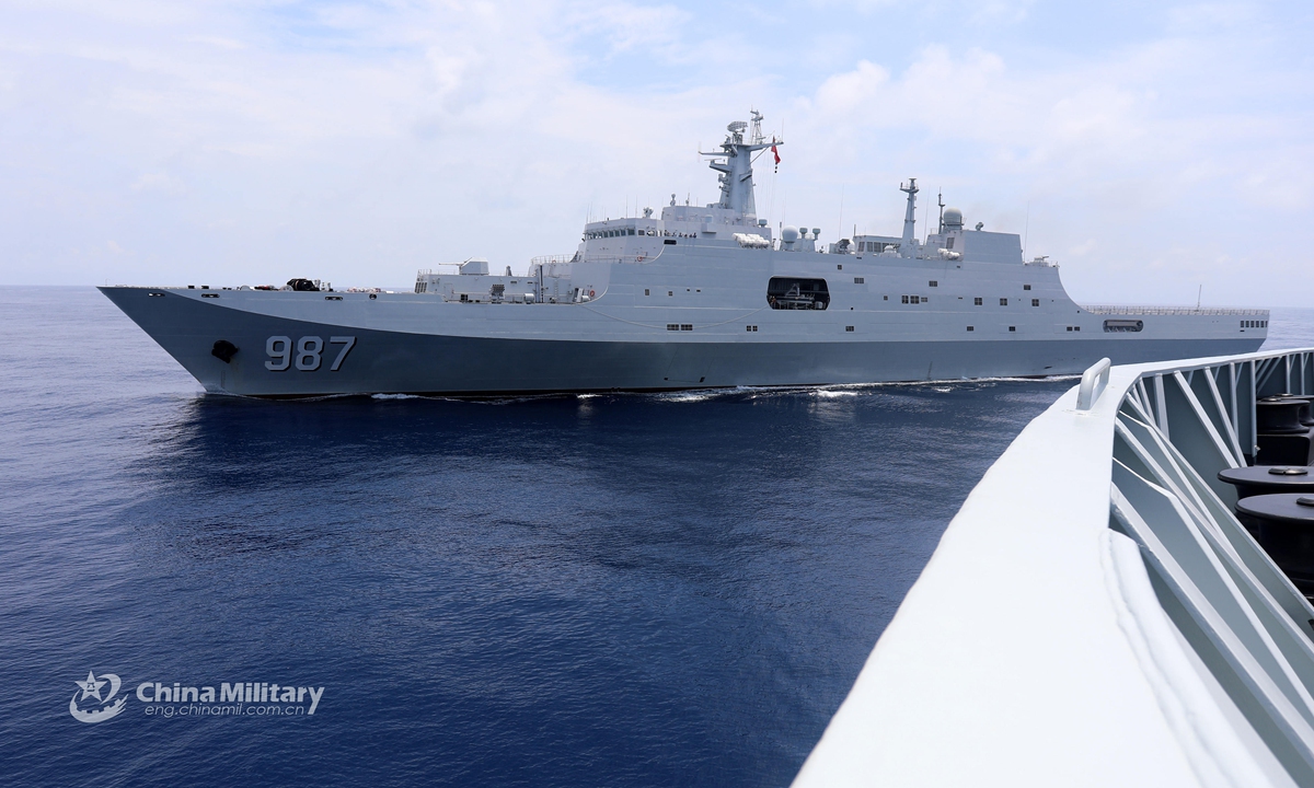 Vessels attached to a naval landing ship flotilla under the PLA Southern Theater Command conduct coordination training during an actual combat training exercise in late April, 2021. (eng.chinamil.com.cn/Photo by GuYagen)