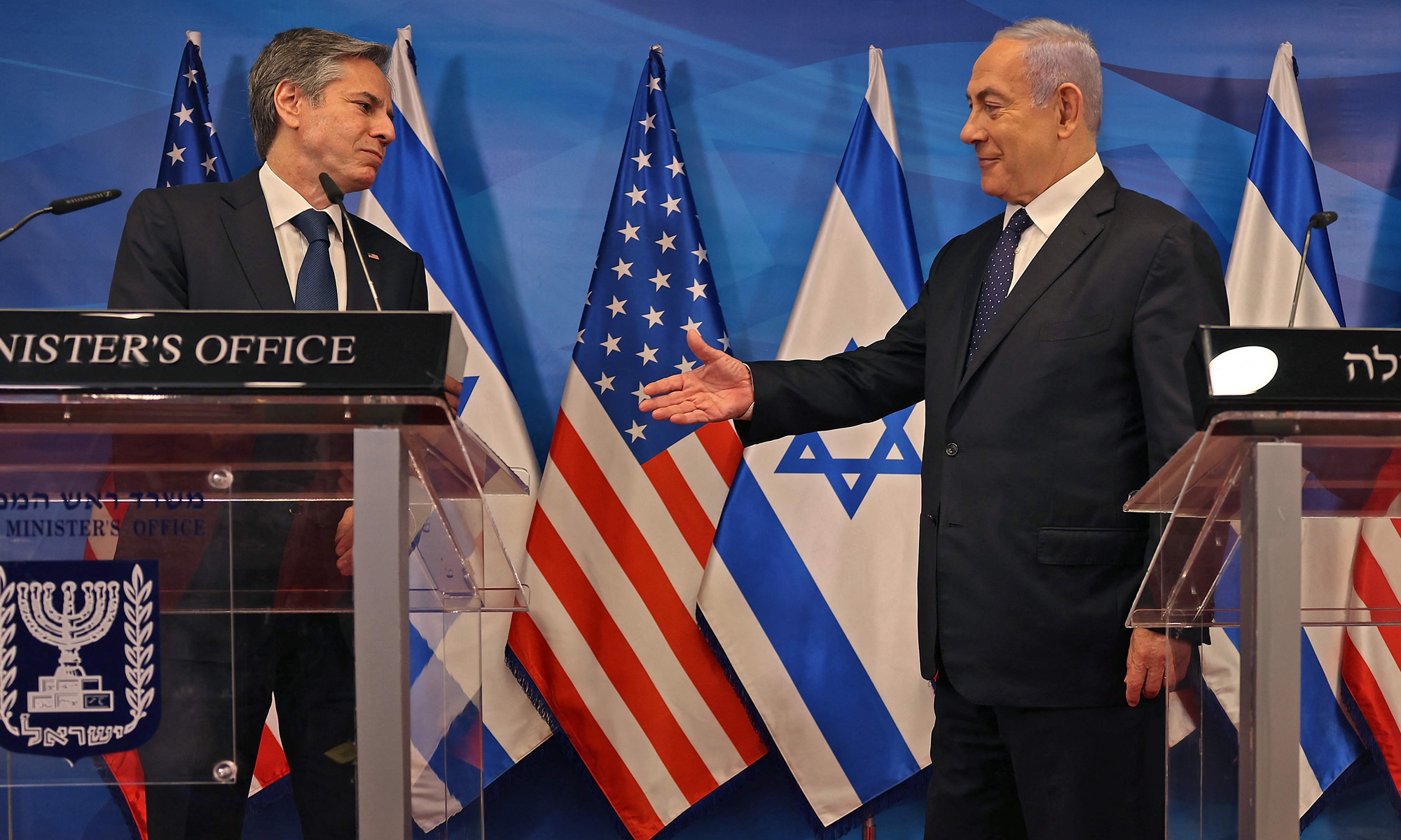 Israeli Prime Minister Benjamin Netanyahu (right) and US Secretary of State Anthony Blinken hold a joint press conference in Jerusalem on Tuesday, days after an Egypt-brokered truce halted fighting between the Jewish state and the Gaza Strip's rulers Hamas.  Photo: VCG