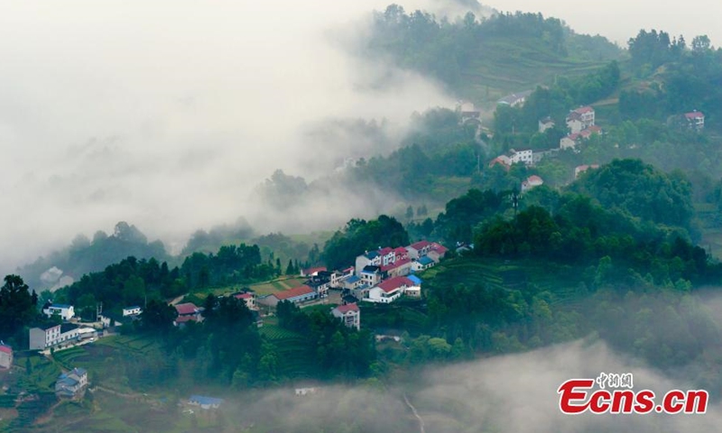 The amazing sea of cloud appears over Mao Ping Township, central China’s Hubei after a downpour. The mountains were shrouded in clouds and mist, resembling a fairyland. (China News Service/Lei Yong)
