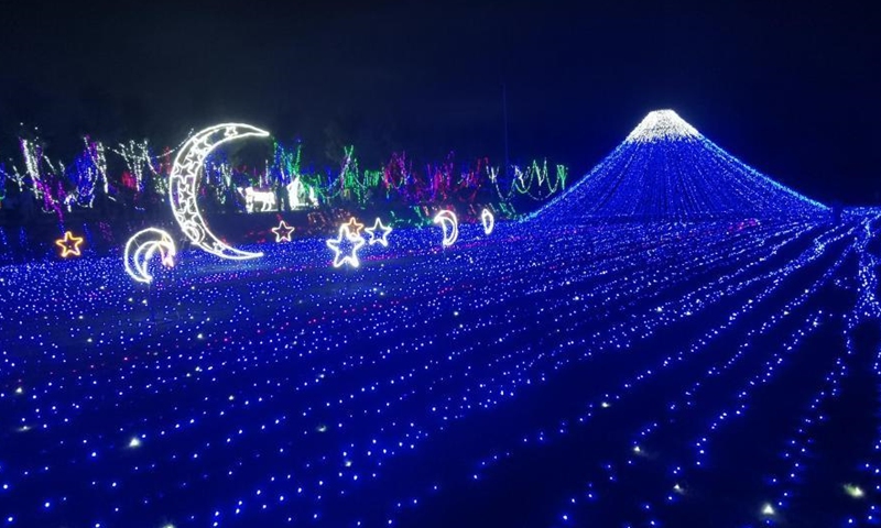 The undated photo shows the beautiful night views featuring dazzling light shows at a modern agricultural industrial park in Matouling, central China's Henan Province. Developed from a barren land to a wonderland, the park has become a large modern agricultural sightseeing demonstration park which integrates fruit tree planting, products processing, sightseeing, and natural-based education. It has become a must-see tourist attraction in the province.(Photo: China News Service/Wang Dengfeng)
