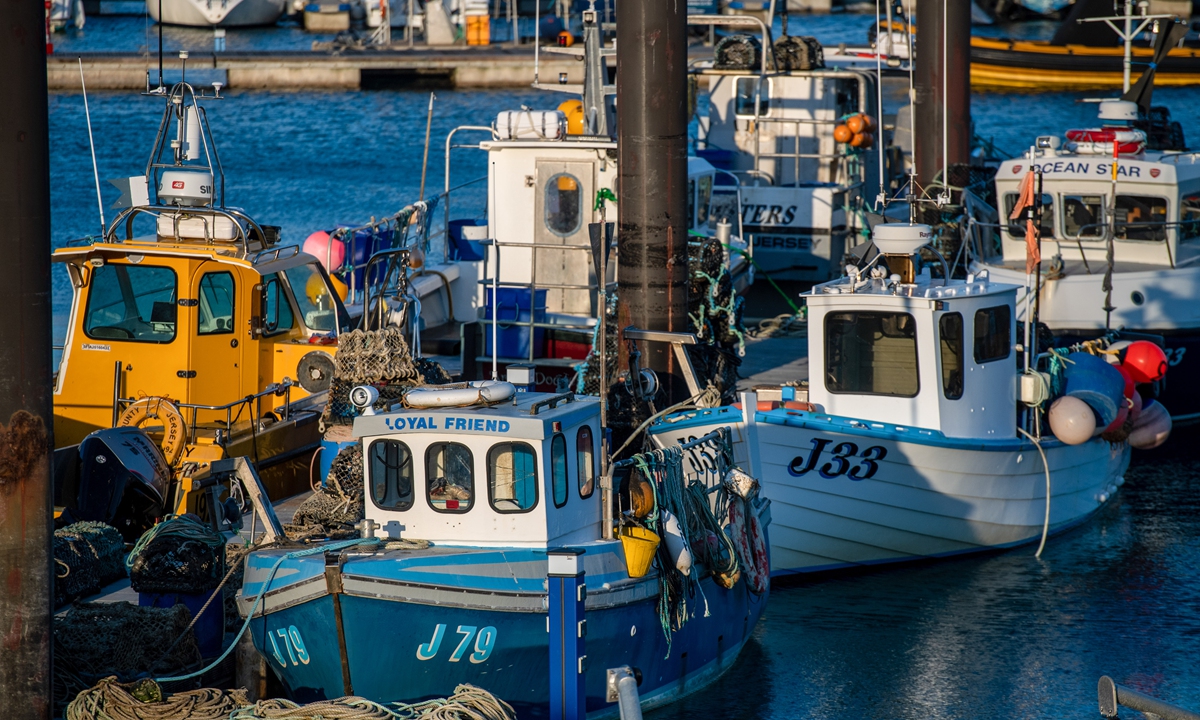 Fishing boats moored at La Collette Marina in St Helier, Jersey, on Saturday, May 8, 2021. Photo: VCG