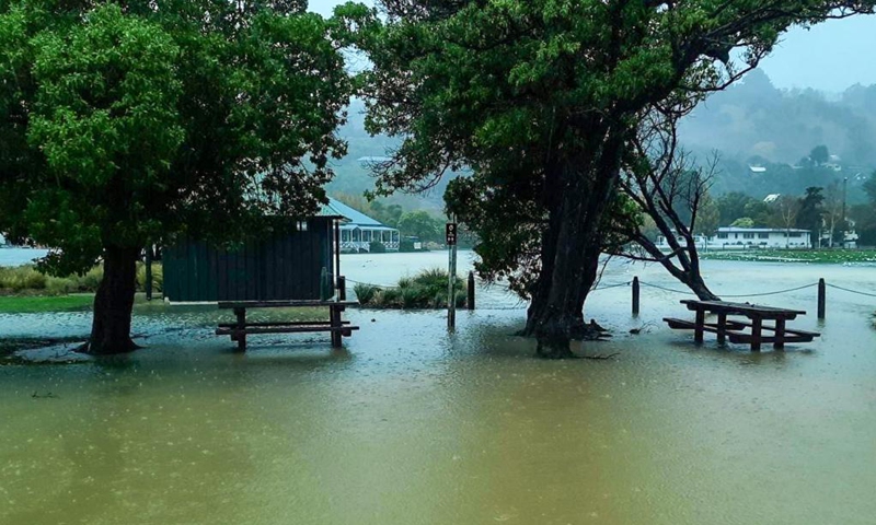 Photo taken on May 31, 2021 shows a flooded road in Christchurch, New Zealand. Downpours and floods that forecasters said could be one-in-a-hundred-year continued to hit New Zealand's South Island on Monday after a whole day and night's persistent and heavy rain that started on Sunday.Photo: Xinhua