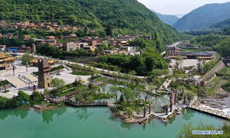 Aerial photo taken on May 18, 2021 shows a view of Egou Scenic Area in Dangchang County, Longnan City, northwest China's Gansu Province. (Xinhua/Chen Bin)