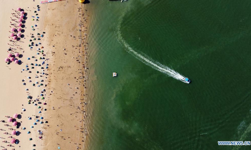 Aerial photo taken on June 5, 2021 shows an artificial beach resort at Dongjiang Port in the Binhai New Area of north China's Tianjin. Photo: Xinhua 