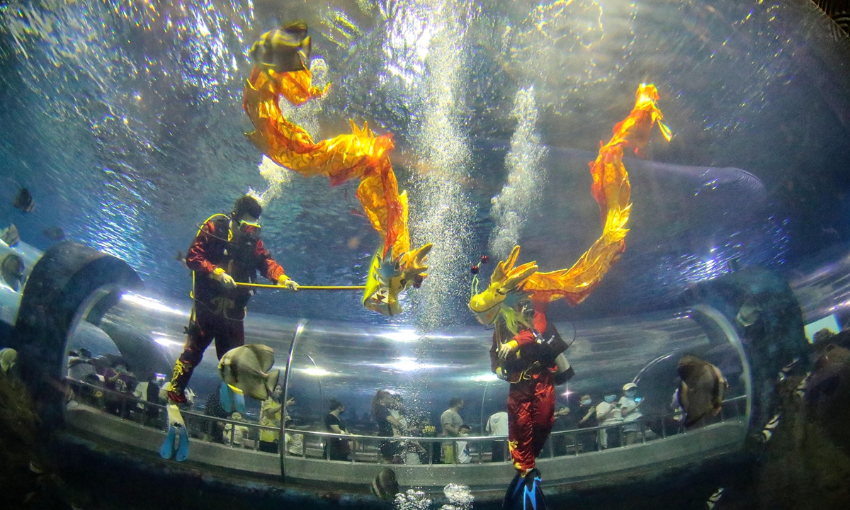 Staff members perform an underwater dragon dance for tourists at an undersea scenic area in Qinhuangdao, North China's Hebei Province on Sunday. Photo: IC