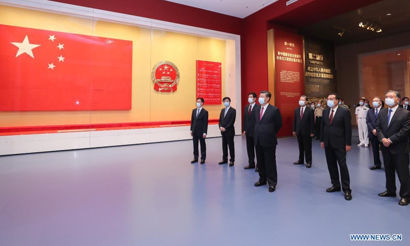 Xi Jinping and other Communist Party of China (CPC) and state leaders Li Keqiang, Li Zhanshu, Wang Yang, Wang Huning, Zhao Leji, Han Zheng and Wang Qishan visit an exhibition on CPC history themed staying true to the founding mission at the Museum of the CPC in Beijing, capital of China, June 18, 2021.Photo:Xinhua