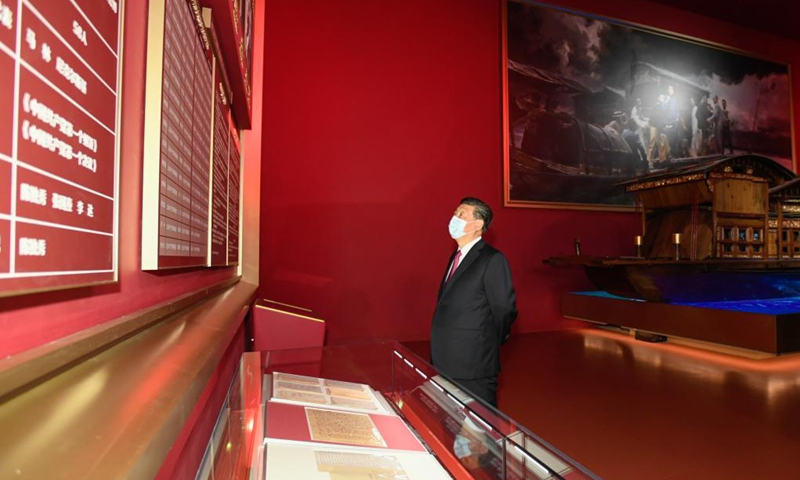 Chinese President Xi Jinping, also general secretary of the Communist Party of China (CPC) Central Committee and chairman of the Central Military Commission, visits an exhibition on CPC history themed staying true to the founding mission at the Museum of the CPC in Beijing, capital of China, June 18, 2021. Xi was joined by other CPC and state leaders including Li Keqiang, Li Zhanshu, Wang Yang, Wang Huning, Zhao Leji, Han Zheng and Wang Qishan during the visit.Photo:Xinhua