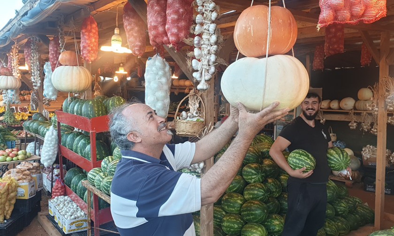 A roadside stall owner arranges pumpkins to attract customers on the main road in Chtaura Rashaya in western Bekaa, Lebanon, on July 4, 2021.(Photo: Xinhua)