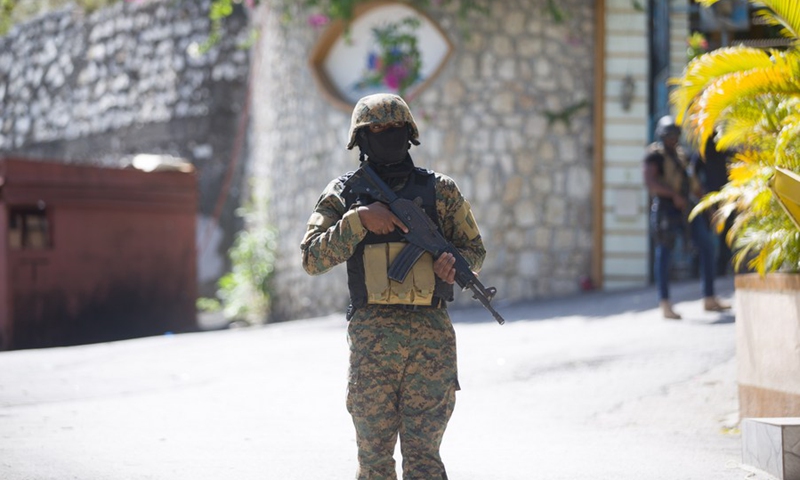 A soldier stands guard in front of Haitian President Jovenel Moise's home in Port-au-Prince, Haiti, on July 7, 2021.(Photo: Xinhua)