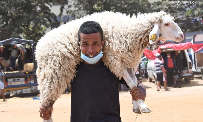 A man carries a sheep he bought at a livestock market ahead of Eid al-Adha festival in Rabat, Morocco, on July 17, 2021. (Photo: Xinhua)