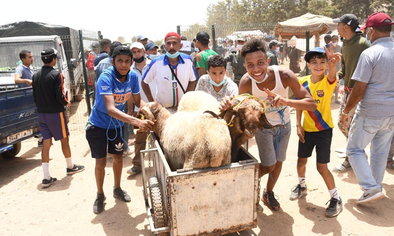 People carry sheep bought at a livestock market ahead of Eid al-Adha festival in Rabat, Morocco, on July 17, 2021.(Photo: Xinhua)