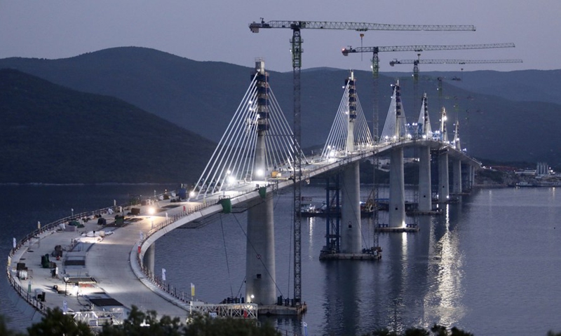 Photo taken on July 28, 2021 shows the construction site of the Peljesac Bridge at Mali Ston Bay near Komarna of southern Croatia.Photo:Xinhua