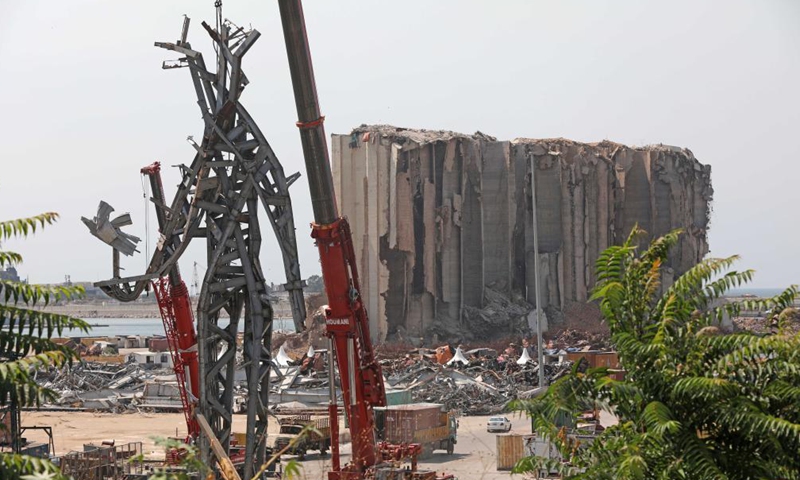 A statue named The Giant made from the remains of the Beirut port's wreckage is seen on the occasion of the first anniversary of the devastating blast at the Beirut port, Lebanon, on July 29, 2021.Photo:Xinhua