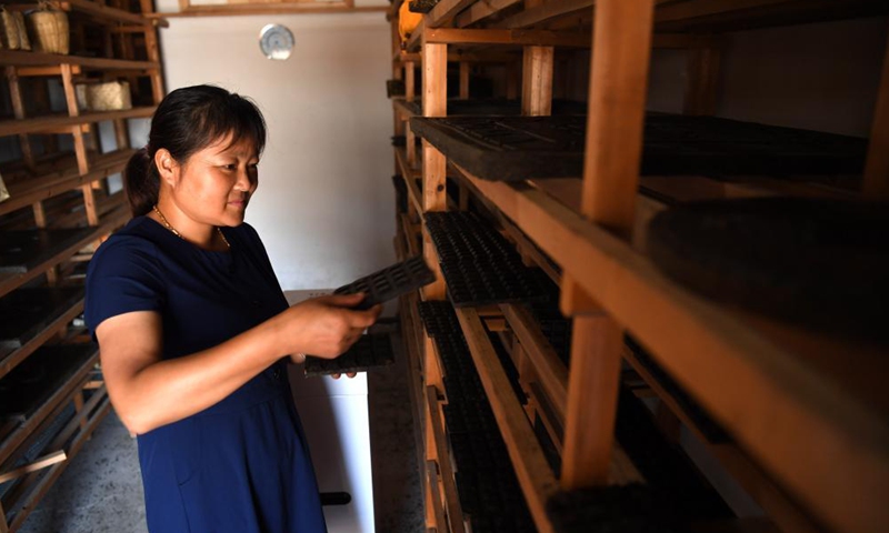 A worker makes Yixian dark tea artwork at a studio in Yixian County, east China's Anhui Province, July 30, 2021.Photo:Xinhua