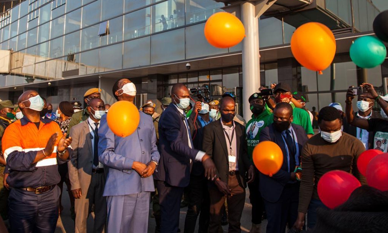 Zambia's President Edgar Lungu (front, L2) releases balloons as he commissions new Simon Mwansa Kapwepwe International Airport in Ndola, Copperbelt Province of Zambia, Aug. 5, 2021. Zambia on Thursday commissioned a new international airport financed by China, with President Edgar Lungu expressing gratitude to the Chinese side for financing the construction of the airport.Photo:Xinhua