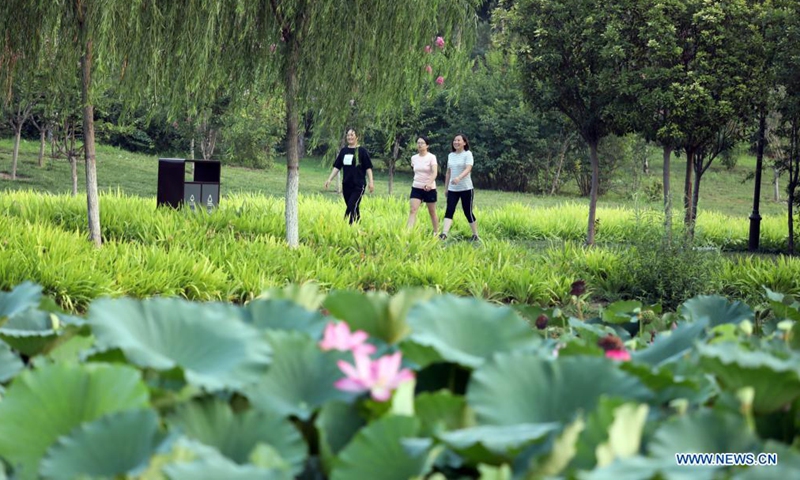 People stroll in a park in Hejian City, north China's Hebei Province, Aug. 11, 2021. In recent years, more than 20 parks have been built in the city along with its ecological development drive. (Xinhua/Luo Xuefeng)