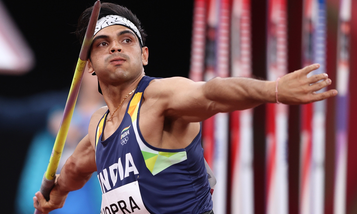 Neeraj Chopra of India competes in the men's javelin throw final. Photo: VCG