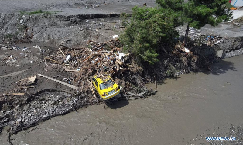 Aerial photo taken on Aug. 16, 2021 shows the flood-hit area in the town of Abana, Kastamonu province, Turkey. At least 74 people died and 47 others went missing in severe floods and mudslides in the Black Sea region of Turkey, the country's disaster agency said on Monday. Floods caused by heavy rain hit the Black Sea region in the north of the country on Aug. 11, leaving 62 dead in the province of Kastamonu. (Photo: Xinhua)