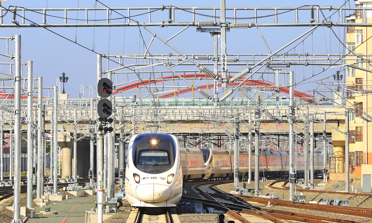 The first test train of the Mudanjiang-Jiamusi high-speed railway in Northeast China's Heilongjiang Province departs on Thursday from Mudanjiang station. The trip means that the easternmost high-speed railway in China has officially entered the testing stage. It is expected to be fully operational by the end of September. Photo: VCG