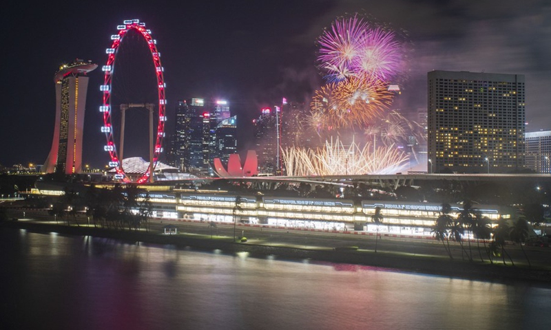 Fireworks light up the sky in Marina Bay during the National Day Parade show held in Singapore on Aug. 21, 2021.(Photo: Xinhua)