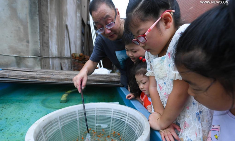 Gao Feng (1st L) explains as children look at the goldfish he breeds in his yard, Shaoxing City, east China's Zhejiang Province, Aug. 24, 2021. Gao Feng, a 43-year-old goldfish enthusiast, has been raising goldfish for nearly 20 years in his yard on the outskirts of Shaoxing City. Now his breeding base can reproduce nearly 1,000 high-quality goldfish every year.(Photo: Xinhua)