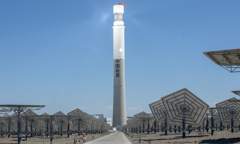 Photo taken on Aug. 22, 2021 shows a photothermal power station in Nom Township of Hami, northwest China's Xinjiang Uygur Autonomous Region. The photothermal power station is the first of its kind in Xinjiang. The project is a modern attempt by the region to capitalize on its abundant solar energy and turn it into heat and power. (Xinhua/Gao Han)