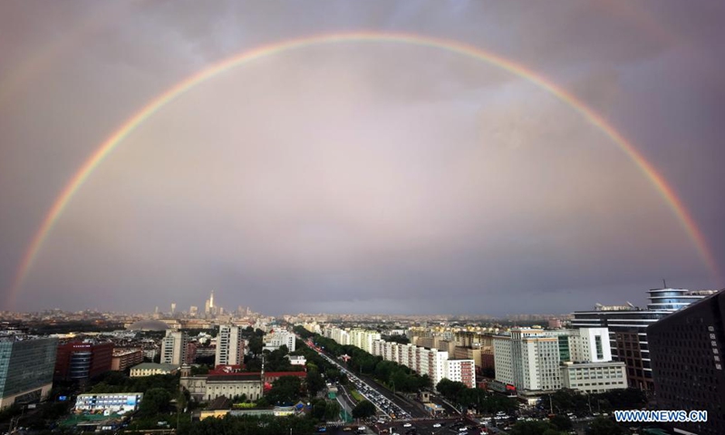Cellphone photo taken on Aug. 26, 2021 shows a double rainbow appearing in the sky over Beijing, capital of China.Photo:Xinhua