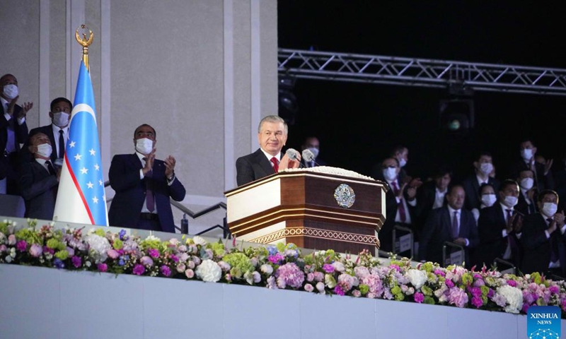 Uzbek President Shavkat Mirziyoyev speaks during a celebration of the country's 30th anniversary of independence, in Tashkent, Uzbekistan, on Sept. 1, 2021. Uzbekistan became independent in 1991, and Sept. 1 of each year is Independence Day. Photo: Xinhua 