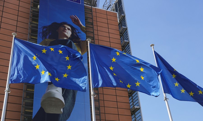 European Union flags fly outside the European Commission building in Brussels, Belgium, on June 9, 2021.(Photo: Xinhua)