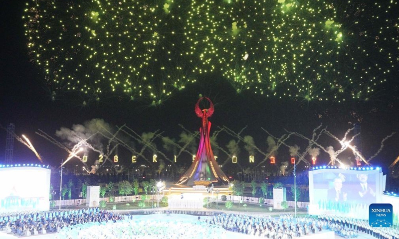 Fireworks are seen during a celebration of the country's 30th anniversary of independence, in Tashkent, Uzbekistan, on Sept. 1, 2021. Uzbekistan became independent in 1991, and Sept. 1 of each year is Independence Day. Photo: Xinhua 