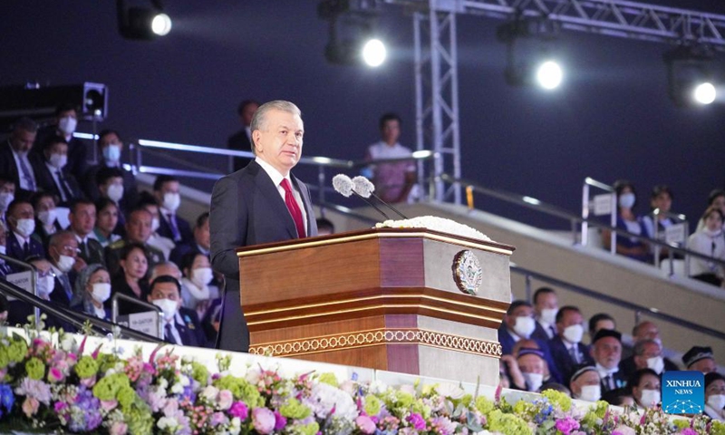 Uzbek President Shavkat Mirziyoyev speaks during a celebration of the country's 30th anniversary of independence, in Tashkent, Uzbekistan, on Sept. 1, 2021. Uzbekistan became independent in 1991, and Sept. 1 of each year is Independence Day. Photo: Xinhua 