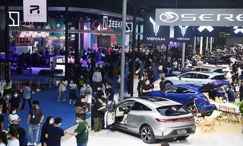 Chinese new-energy vehicle (NEV) makers display their latest models at the Chengdu Motor Show 2021 in Southwest China's Sichuan Province on Sunday. Data from the China Association of Automobile Manufacturers shows that from January to July, the production of NEVs reached 1.504 million units, with sales reaching 1.478 million. Photo: VCG
