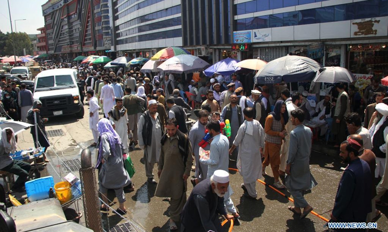 Photo taken on Sept. 4, 2021 shows the main money exchange market after reopening in Kabul, capital of Afghanistan. The main money exchange market in Kabul, capital of Afghanistan reopened on Saturday, 10 days after Taliban takeover as a banking crisis still exists in the Asian country, a local source said.(Photo: Xinhua)