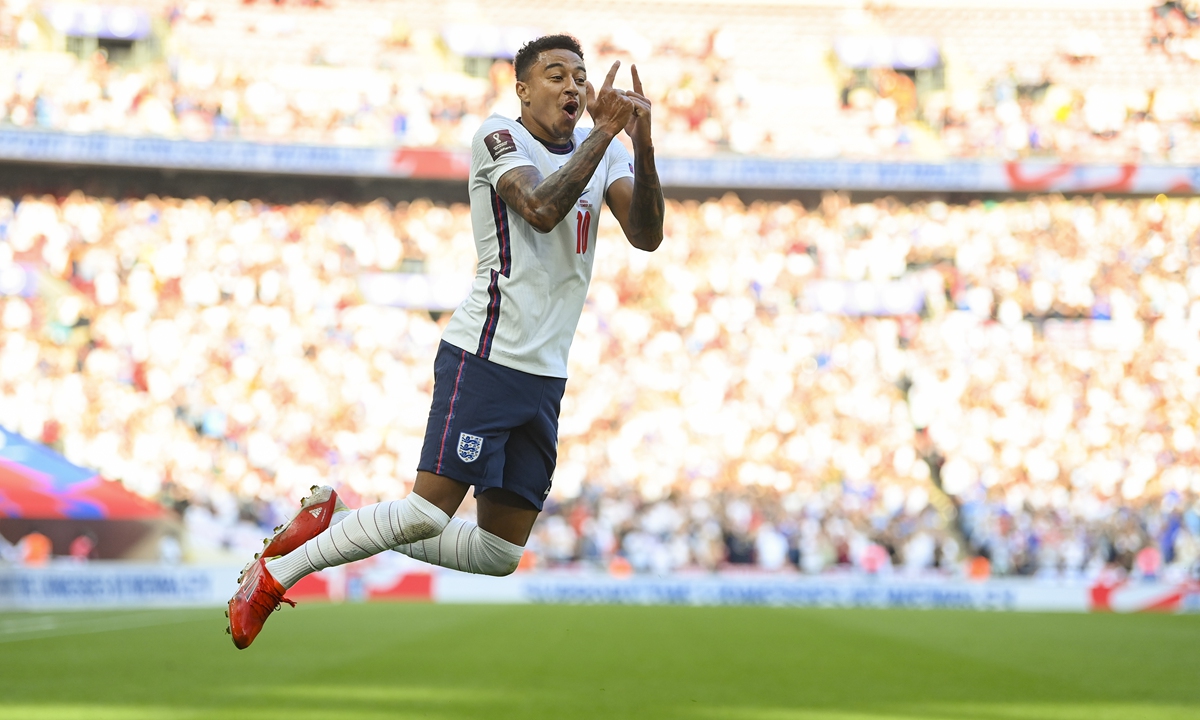 Jesse Lingard of England celebrates after scoring against Andorra at Wembley Stadium on Sunday in London, England. Photo: VCG