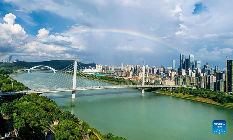 Photo taken on Sept. 5, 2021 shows the view of rainbow in Nanning, south China's Guangxi Zhuang Autonomous Region. (Photo: Xinhua)