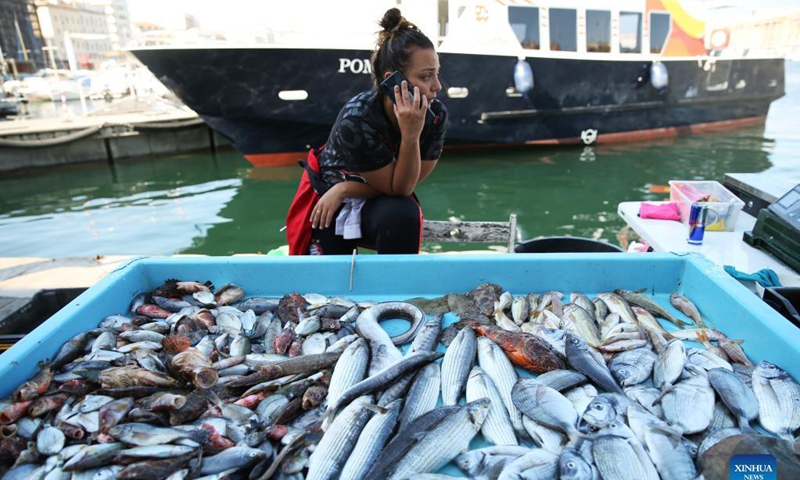 A fish seller makes a phone call at a fish market of the old port in Marseille, France, Sept. 6, 2021.(Photo: Xinhua)