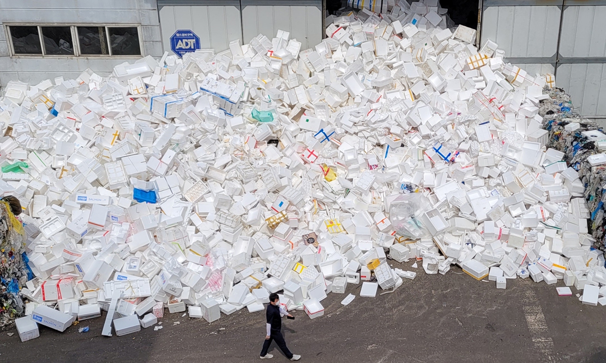 A local warehouse in Seoul, South Korea piles up a large amount of plastic foam packaging used for parcel express delivery on Thursday. The use of plastics has risen sharply and the white pollution has become one of the most urgent global problems. Photo: VCG