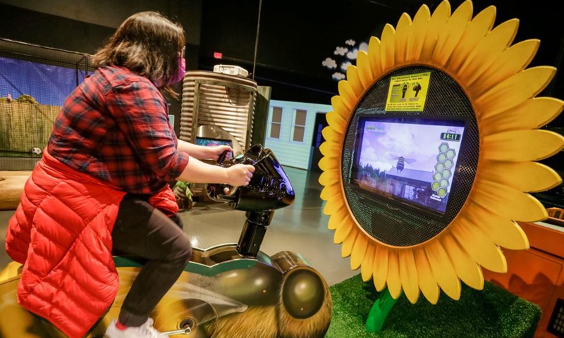 A visitor tries an interactive exhibit Nectar Collector during a media preview of the Backyard Adventures exhibition at Science World in Vancouver, British Columbia, Canada, on Sept. 28, 2021. The exhibition features different backyard-themed displays in which visitors can learn about the biodiversity and science-related subjects that are relatable to their living environment.Photo:Xinhua