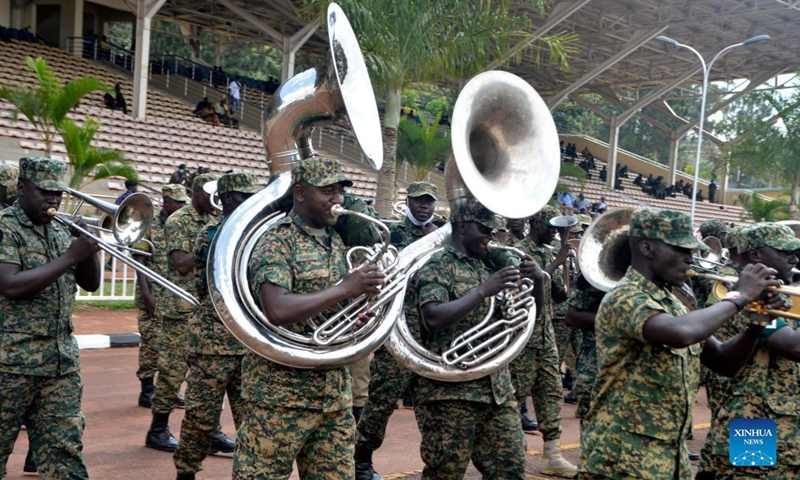 Soldiers take part in a parade rehearsal ahead of Independence Day ceremony in Kampala, Uganda, on Oct. 7, 2021. Uganda is scheduled to celebrate its Independence Day on Oct. 9.Photo:Xinhua