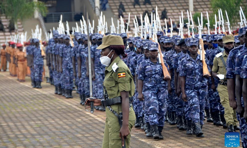 Soldiers take part in a parade rehearsal ahead of Independence Day ceremony in Kampala, Uganda, on Oct. 7, 2021. Uganda is scheduled to celebrate its Independence Day on Oct. 9.Photo:Xinhua