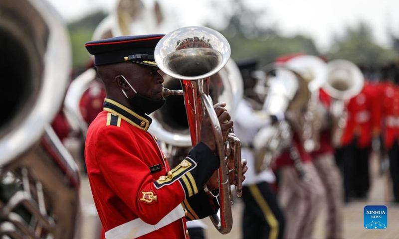 Uganda People's Defense Force band takes part in a parade during the 59th Independence Day celebrations at Kololo Independence Grounds in Kampala, capital of Uganda, Oct. 9, 2021.(Photo: Xinhua)